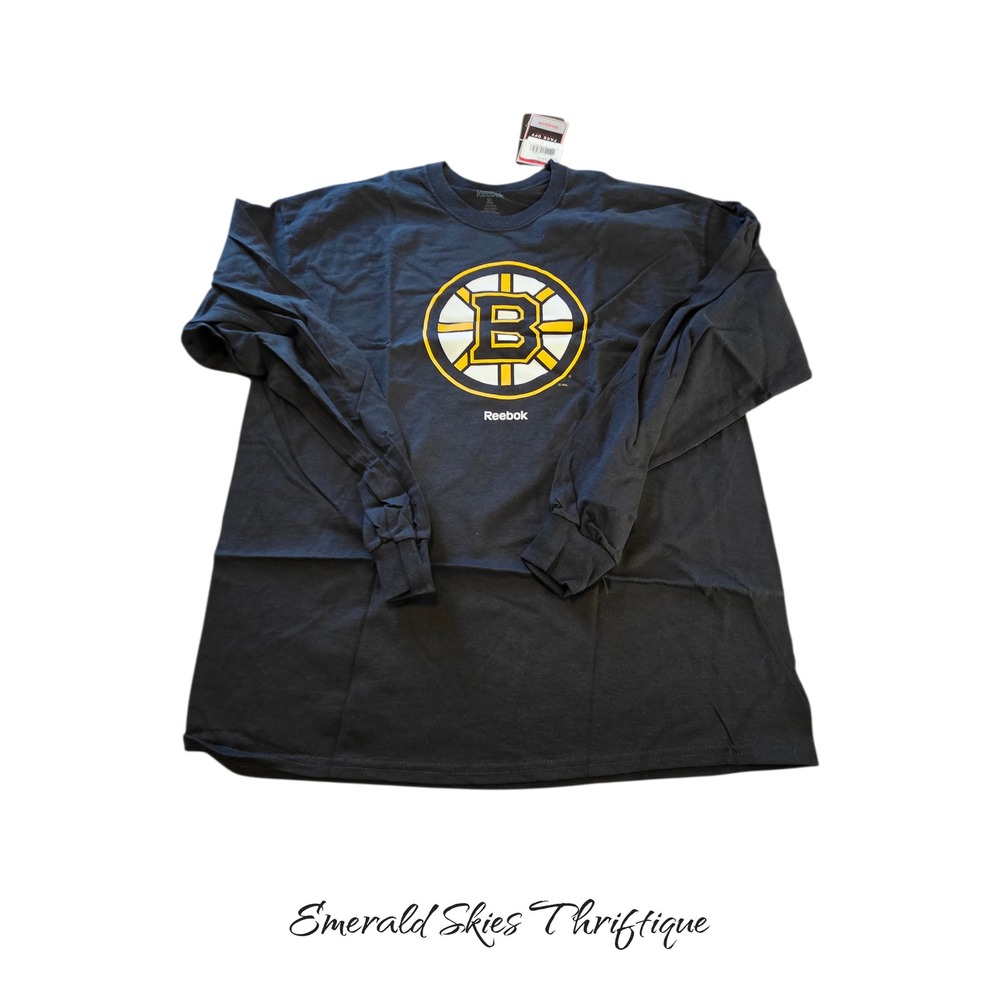 New Boston Bruins Shirt XL Black NHL Hockey Reebok Long Sleeve graphic free ship